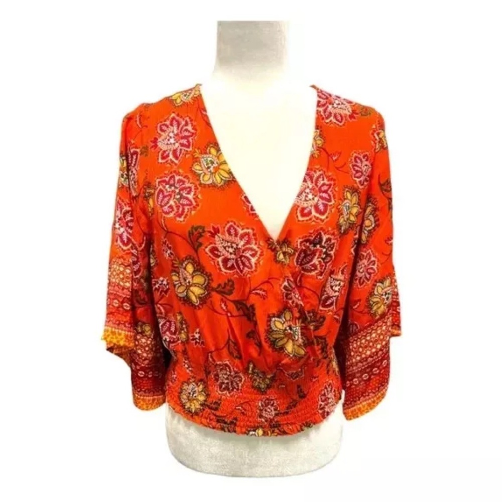 Twine & String Women's 3/4 Sleeve Orange V-Neck Elastic Waistline Blouse size L